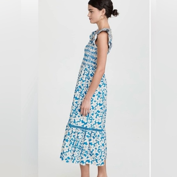 Shoshanna Hilma flutter sleeve smocked midi dress size 14 - Picture 3 of 6